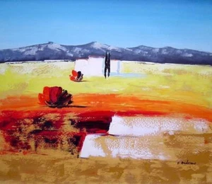 20x24 Modern Nature Scenery in Red. Yellow, Brown, Gray and Blue Oil Painting - Picture 1 of 1