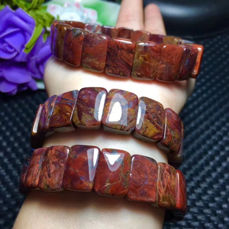 Pulsera de cuentas rectangulares de piedras preciosas de Namibia Pietersita roja natural Sudáfrica  Foto 1 de 1