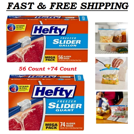Hefty Bundle | Hefty Slider Freezer Storage Bags Quart Size 74 Count 56 Count.