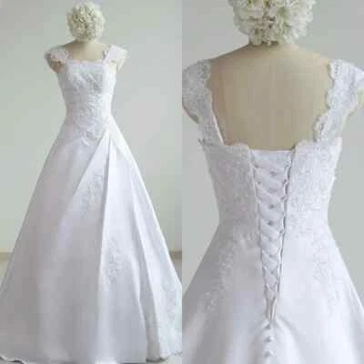 White Ivory Wedding Dresses Simple Lace Elegant Sequined Satin ALine Bridal Gown - Image 1 of 4