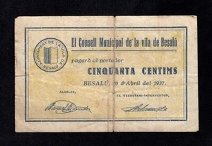 F.C. BESALÚ (GERONA) , 50 CENTIMOS 1937 , SERIE B , B/C+ , SUCIO . - Bild 1 von 2