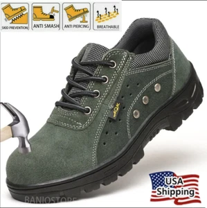 Mens Green Work Boots Breathable Safety Shoes Steel Toe Cap Slip Resistant Size - Picture 1 of 10