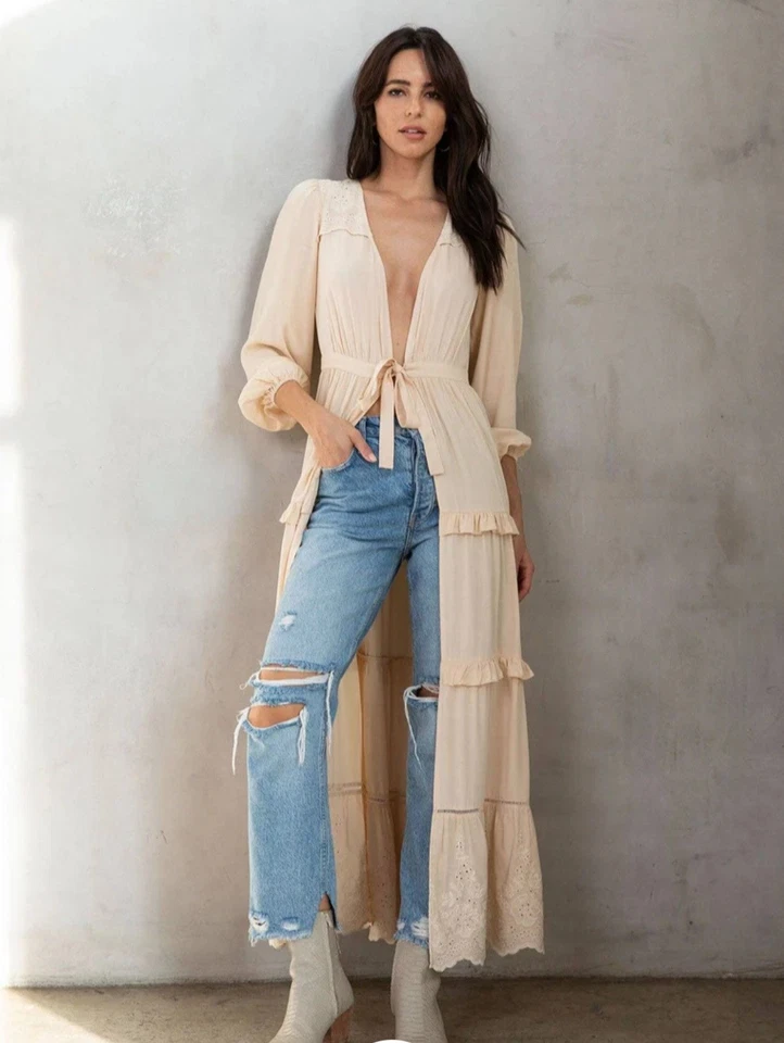 Maxi Kimono Plumero Boho Bordado con Volantes Nuevo con Etiquetas Lovestitch L Foto 1 de 4