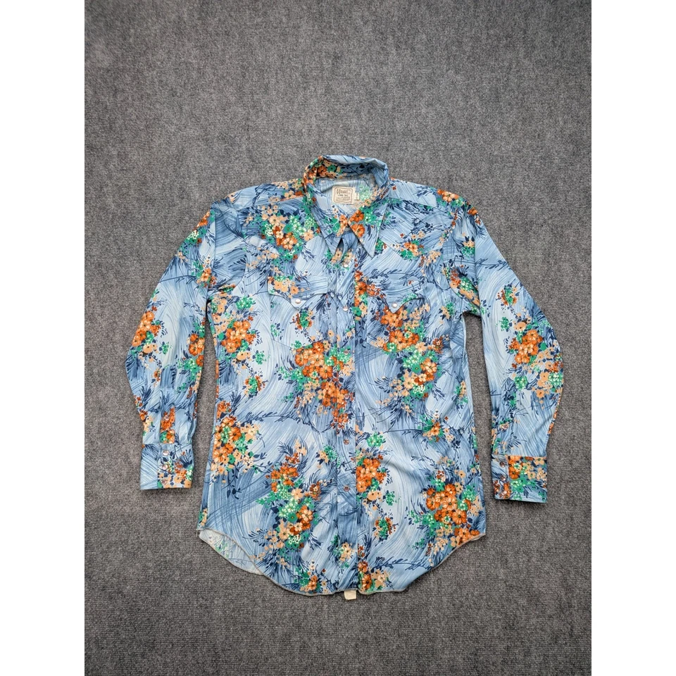 Vintage H Bar C California Ranchwear Floral Pearl Snap 17 Western Hippie Retro - Image 1 of 4