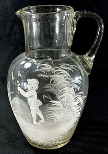 "Antigua jarra de vidrio pintado estilo Mary Gregory - escena infantil victoriana - 6,5""" - Imagen 1 de 7