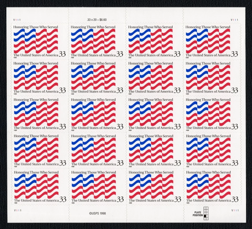 US STAMP SHEET: Scott 3331 "Honoring those Who Served" Flag Pane of 20 MNH 1999 - Image 1 of 1