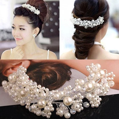 Bridal Wedding Headband Crystal Flower Tiara Crown Pearl Rhinestone Hair Ba-wl - Image 1 of 4