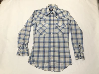Vintage Levis Western Shirt Mens Small Blue White Plaid Pearl Snap Made USA 70s - Image 1 of 4