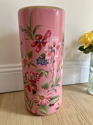 Pink Ceramic Umbrella Stand Brolly Stick Holder Floral Butterflies Faux Flower - Image 1 of 4