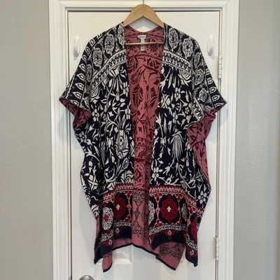 Chico’s Poncho Women’s One Size Red White Blue Silk Cotton Shawl Kimono American - Image 1 of 4