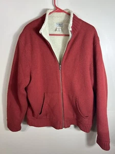 L.L.Bean Sherpa Sweater Large Lambswool Full Zip Cardigan Jacket Red Orange - Picture 1 of 11