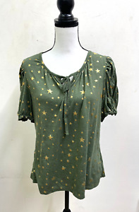 Love Forever Top Size XL Gold Metallic Stars on Sage Green