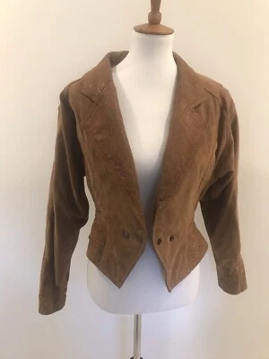 Vintage 80s Leather Suede Peplum Jacket Adler Retro Brown Animal Print Sz S - Image 1 of 4