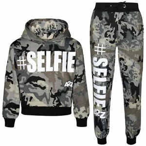 Kids Girls Tracksuit #Selfie Camouflage Charcoal Hooded Crop Top Bottom Jog Suit - Picture 1 of 9