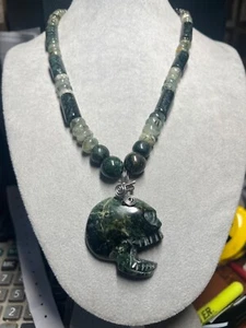 Serpentine Maquiztli Skull Aztec Pendant, Guatemalita Beads, adjustable, MX /#37 - Picture 1 of 6