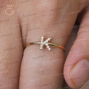 Pave Diamond K Initial Ring Solid 14k Yellow Gold K Letter Handmade Band Ring - Picture 1 of 13
