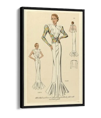 VINTAGE 1930s FASHION ILLUSTRATION -FLOAT EFFECT FRAMED CANVAS WALL ART PRINT - image 1 of 4