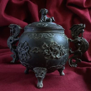 Dragon Ball Antik Chinesische Kunst Bronze Räuchergefäß Foo Hund Löwe Räuchergefäß Figur - Bild 1 von 11