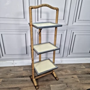 Vintage Rattan 3 Tier Cake Display Stand – Glass Shelves – Mid-Century Art Deco - Picture 1 of 24