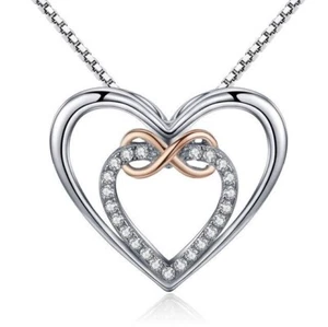 Pendant Necklace Double Heart Sterling Silver 925 Infinity Love Rose Gold Zircon - Picture 1 of 5