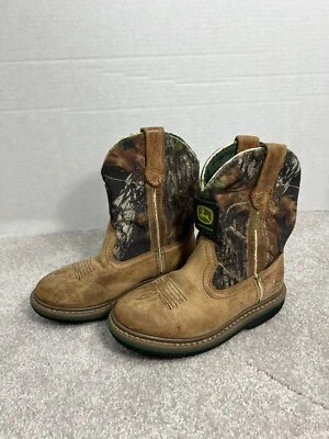 JOHN DEERE JD3188 Leather Kids Western Boots Youth Size 11 M Mossy Oak & Leather - Image 1 of 4
