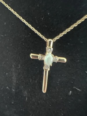 Sterling Silver Gold Color Cross necklace with Fire opal and diamond chips 18” - Image 1 of 4