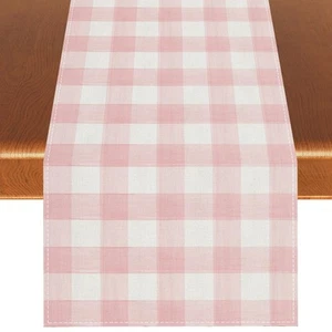 Linen Watercolor Pink White Buffalo Check Plaid Table Runner Gingham Tableclo... - Picture 1 of 6