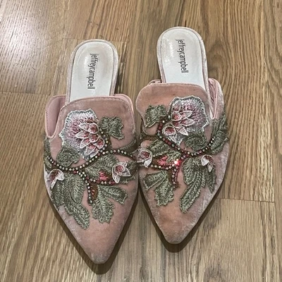 Jeffrey Campbell Feminino Veludo Rosa Floral Bordado Biqueira Pontiaguda Mules 8,5M - Imagem 1 de 4