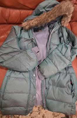 Eddie Bauer Puffer Faux Fur Hooded  Jacket Girl Size 10-12 Teal Color  - Image 1 of 4