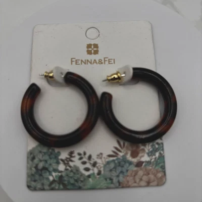 Fenna & Fei Tortoise Shell Hoop Earrings Brown Acrylic Lightweight - Image 1 of 4