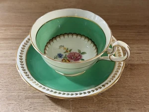 Vintage Aynsley Bone China Cup & Saucer England Emerald Green Gold Flowers HTF - Picture 1 of 6