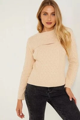 Quiz Women’s Cable Detail Cut Out Long Sleeve Jumper Sweater Stone UK M RRP £30 - Image 1 of 4