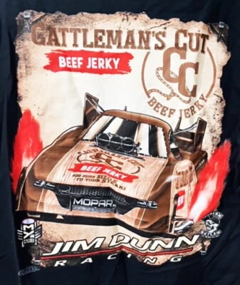 VRHTF VERY RARE BIG JIM DUNN CATTLEMAN'S CUT BEEF JERKY FUNNY CAR LARGE T SHIRT - Imagem 1 de 4