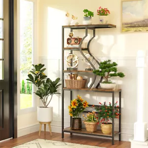 Wooden Large Plant Stand Industrial Metal Flower Shelf Rack Outdoor Garden Patio - Picture 1 of 16