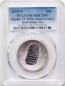 2019 S APOLLO 11 HALF DOLLAR PR70 DCAM 50th Anniversary Moon Landing Blue Label - Picture 1 of 2