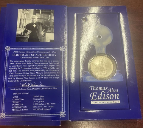 2004 US Mint Thomas Edison Commemorative Silver Dollar-Collectors Set dead bat Cover