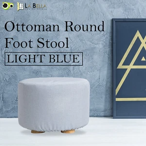 Fabric Ottoman Round Foot Stool Rest Pouffe Wooden Leg Padded Seat - LIGHT BLUE - Picture 1 of 12