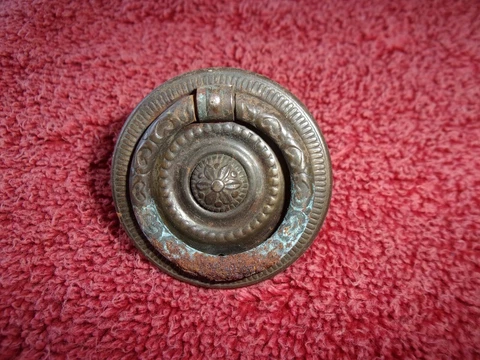 1 Antique metal Drawer Pull Ring Dresser Handle Round Backplate Vintage tin Cover