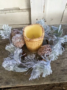 FLOCKED PINE Lambs Ear CANDLE RING Snowy Short Needle Pinecone Christmas 11" - Picture 1 of 4