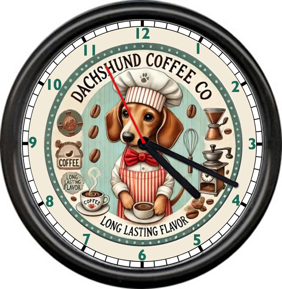 OFF THE WALL CLOCKS Dachshund Dog Coffee Company Barista Kitchen Costume Apron Gift Sign Wall Clock
