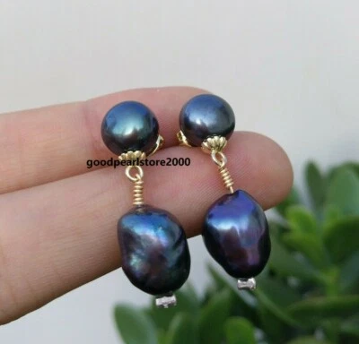 Aretes colgantes barrocos iridiscentes AAA perlas negras tahaitianas oro 14k P Foto 1 de 4