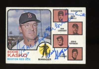 1973 Topps - #131 Entrenadores Medias Rojas Kasko, Lenhardt, Stange, Camilli 4 AUTOS Foto 1 de 2