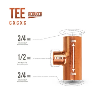 3/4" x 3/4" x 1/2"in C x C x C Reducing Copper Tee Pipe Fitting Sweat Connection - Picture 1 of 1