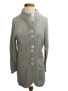 Irelandseye Long Cardigan Sweater Gray Size Small Ribbing Large Buttons Pockets - Picture 1 of 5