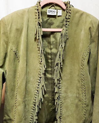 Chaqueta de cuero gamuza verde diseño Chico's con flecos y cordones talla 2 ¡¡OFERTA!!! Foto 1 de 4
