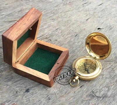 Brújula de oficina de bolsillo pequeño vintage de 2" con caja regalo de madera viajero senderismo a Foto 1 de 4