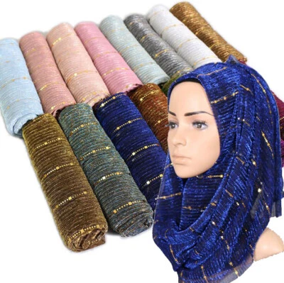 Women's Shining Gold Scarf Hijab Scarves Shawl Glitter Muslim Wraps Muffler ! - Image 1 of 4
