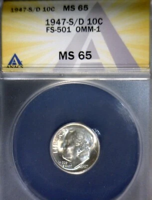 1947s/d OMM 1 ANACS MS65 Roosevelt Silver Dime GEM BU Coin CHERRY PICKERS FS 501 - Image 1 of 4