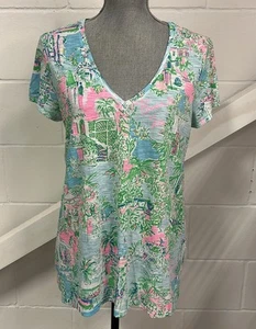 Lilly Pulitzer Etta V Neck Shirt Top Lilly Loves Palm Beach Woman’s Size Large - Picture 1 of 9