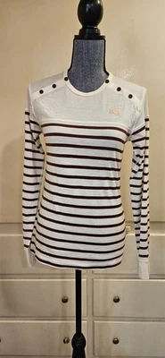 Kari Traa Shirt Women Medium Baselayer Wool Long Sleeve Slim Fit Stripe Ivory - Image 1 of 4
